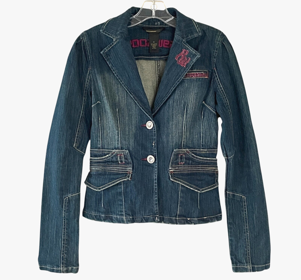 ROCAWEAR Women Size Medium Blue Denim Stretch Streetwear Rhinestone Jean Jacket